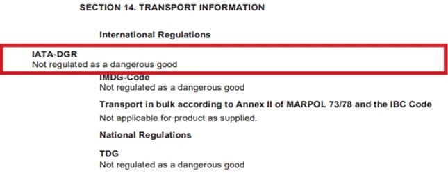Non-Dangerous Goods SDS Example